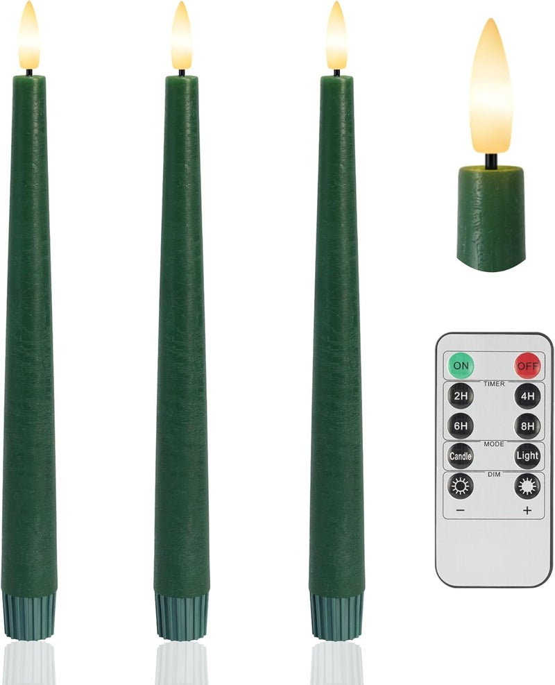 AFINETH Green Flameless Candles, 9.6" Real Wax Taper Battery Opearted Candles with Remote, 3 Pack Flickering LED Candlesticks with 3D Wick, Classic Tall Taper Candles for Home, Party, Christmas Decor - Image 1